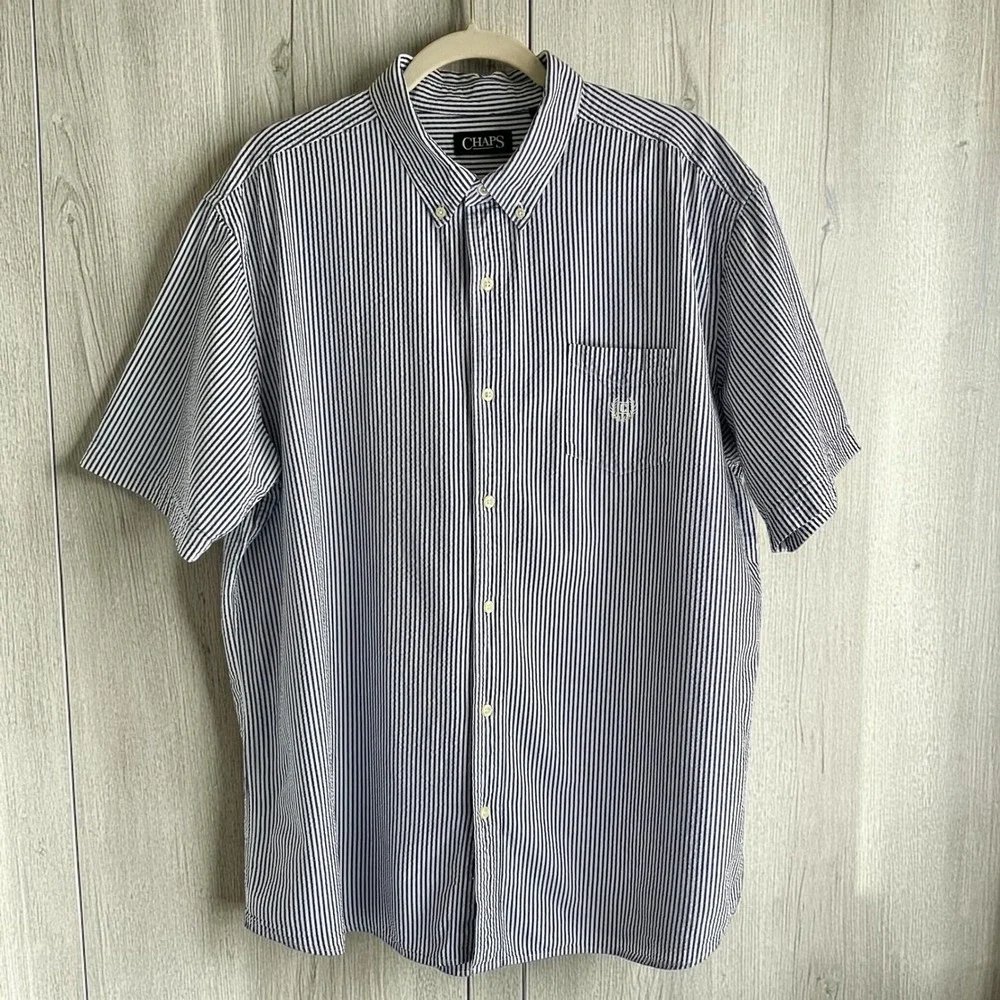 Vintage Seersucker Button Up Shirt Men's XXL Blue White Stripes Classic Preppy